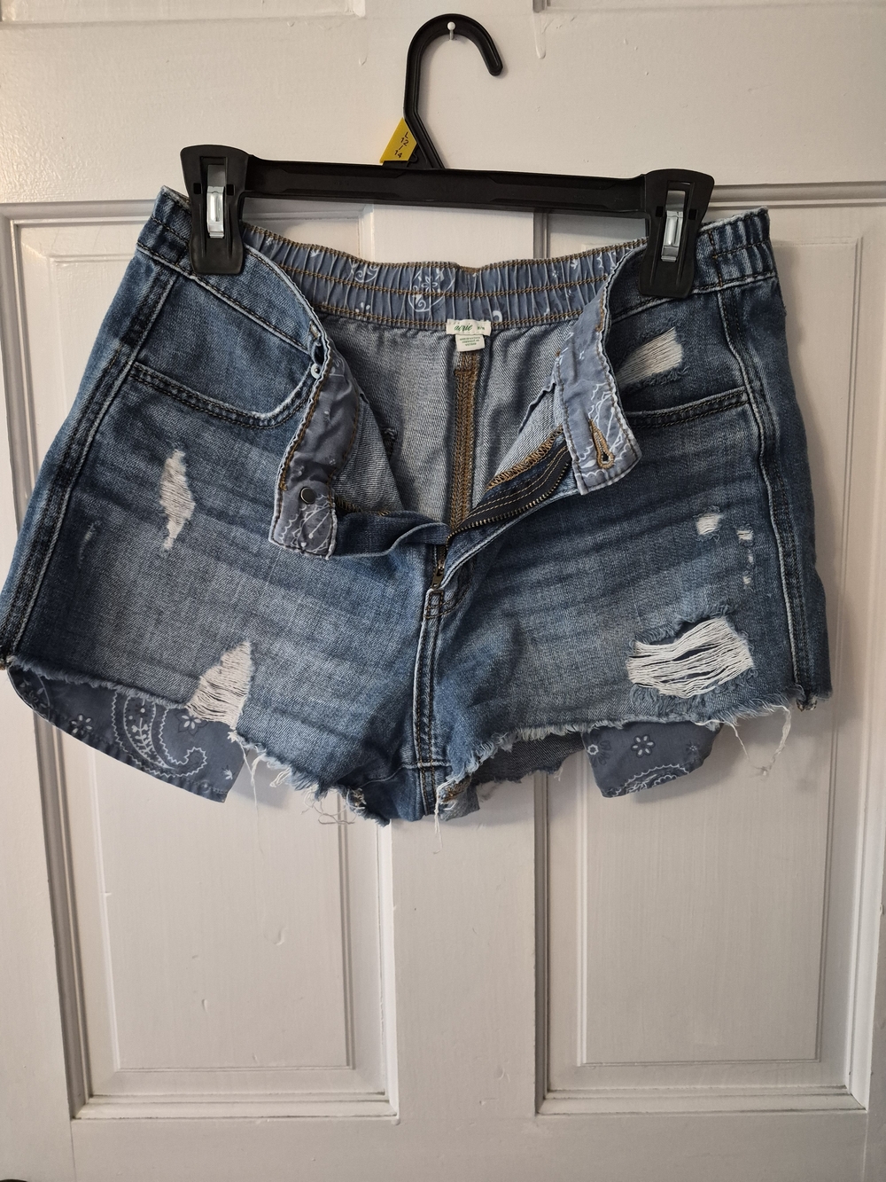 aerie Distressed Dark Blue Denim Jean Shorts with Bandana Lining
